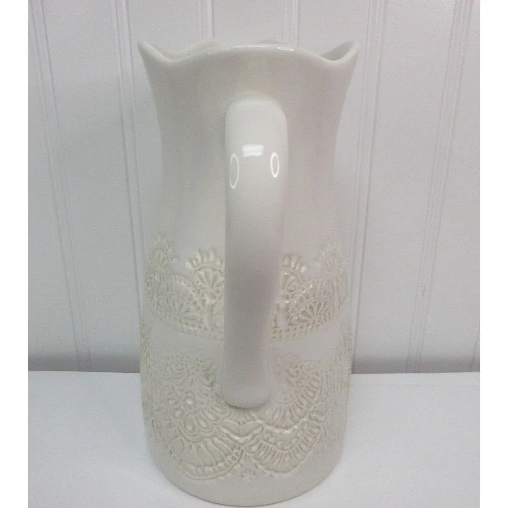 Pioneer Woman Vintage Lace Linen 9 inch White Ceramic Pitcher New